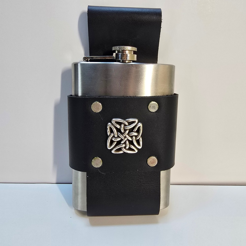 Celtic Leather Flask Holder Belt Pouch w/ 8oz Stainless Steel Flask Set RenFaire